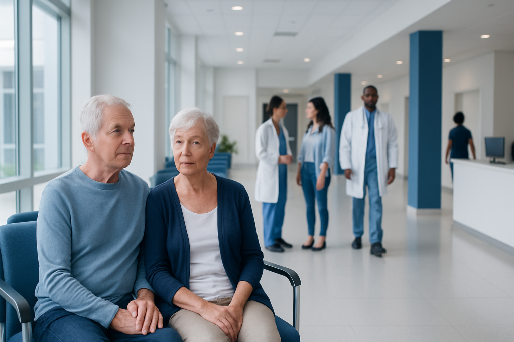 Sex after Prostate Surgery: Procedure, Recovery and Results 1 Elderly couple waiting in hospital corridor with medical staff in background.