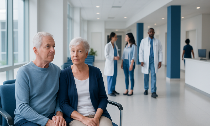 Elderly couple waiting in hospital corridor with medical staff in background.