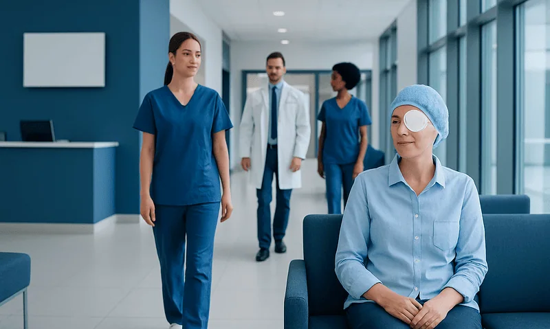 Patient with eye patch in hospital corridor with medical staff nearby.