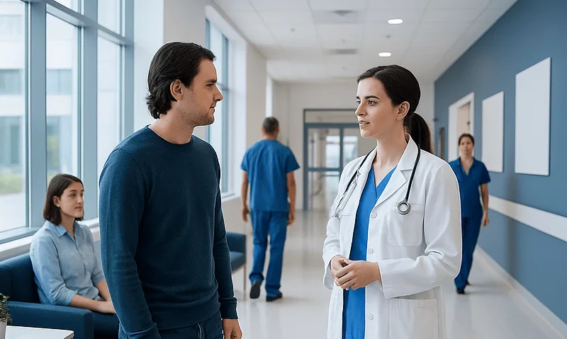 Doctor talking to patient in hospital corridor with staff in background.