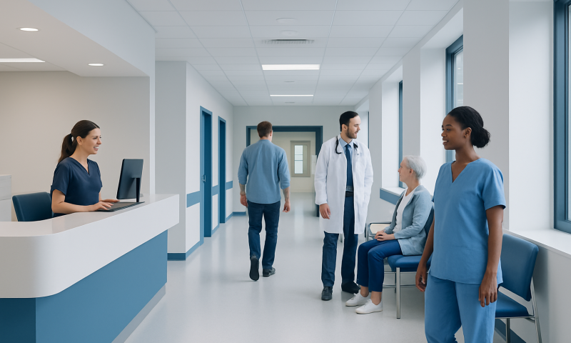 Healthcare professionals and patient in a modern hospital corridor.