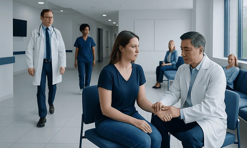 Doctor consulting a patient in a modern hospital waiting area.
