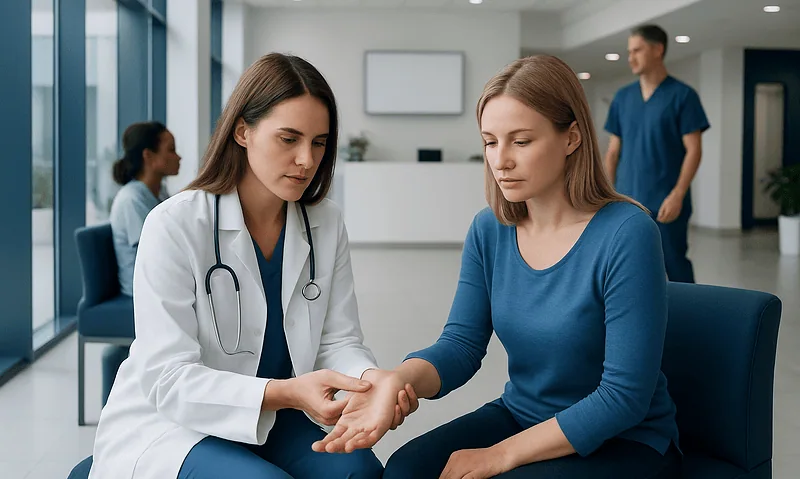 Doctor examining patient's wrist for carpal tunnel symptoms at Acibadem Hospital.