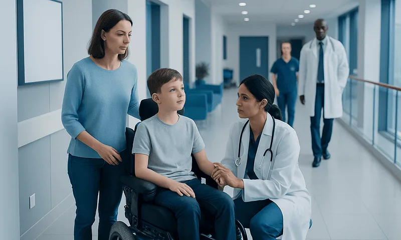 Child in wheelchair with family and doctor in hospital corridor.