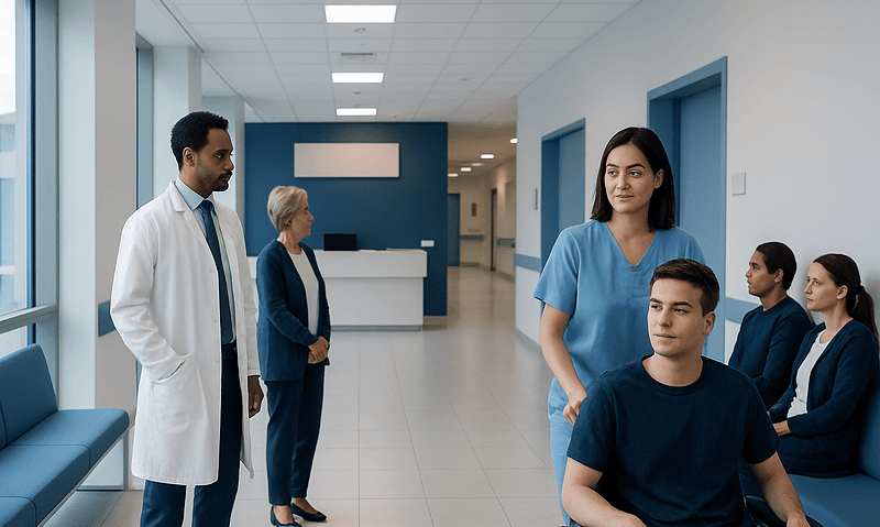Hospital staff and patients in a modern medical facility corridor.