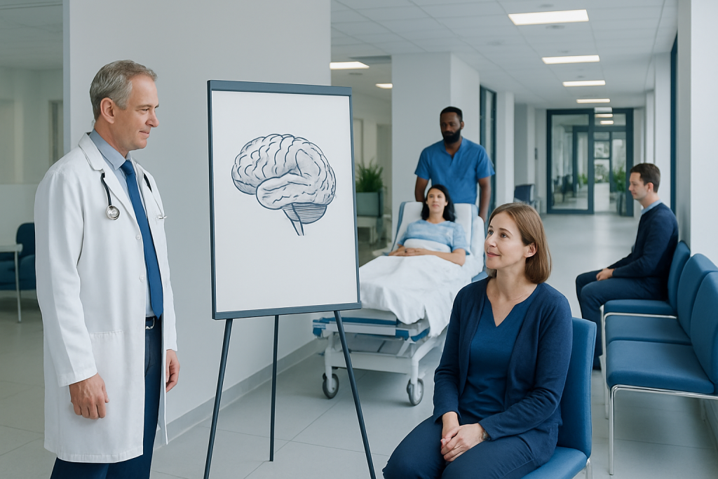 Treatment for Ischemic Changes in the Brain: How It Works, Results and What to Expect 1 Doctor explaining brain diagram to patient in hospital corridor.
