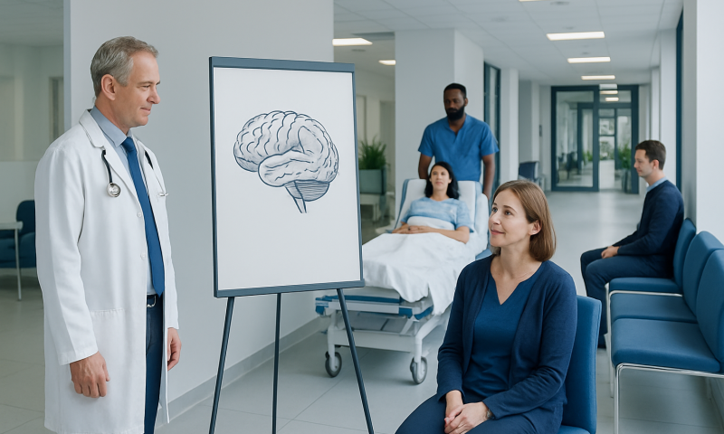 Doctor explaining brain diagram to patient in hospital corridor.
