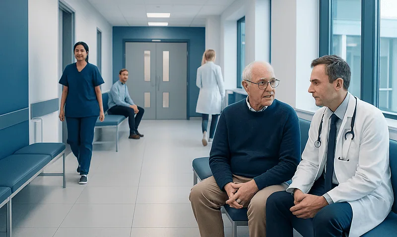 Doctor consulting with elderly patient in hospital corridor.