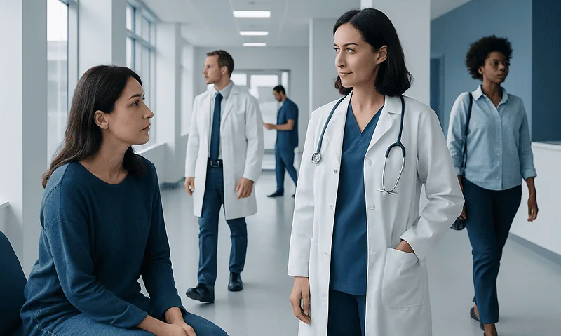 Doctor consulting patient in hospital corridor for women's health treatment.
