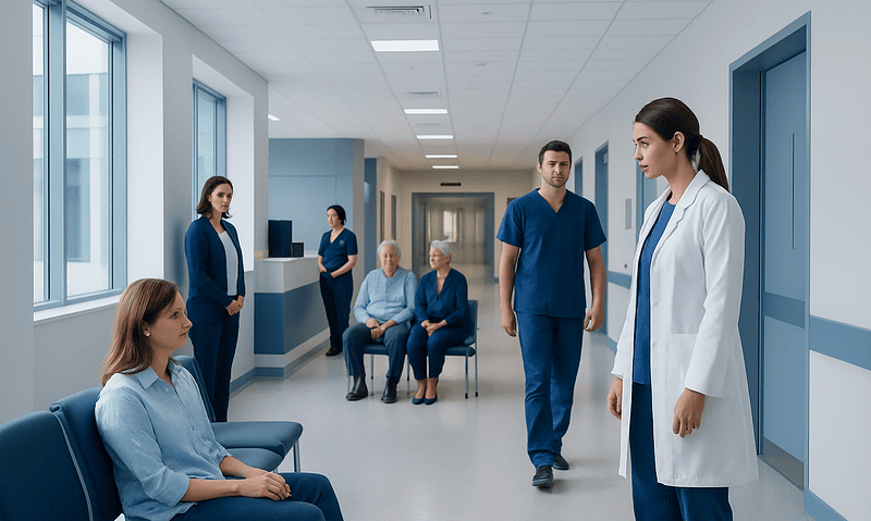 Medical team consulting patient in hospital corridor.