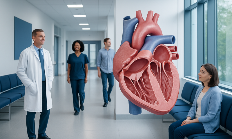 Tricuspid Valve Leaflets: An Evidence-Based Patient Guide 9 Medical team discussing heart health in hospital corridor with 3D heart model.