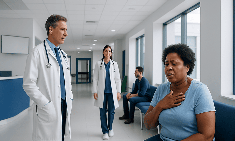 Patient experiencing difficulty breathing in a hospital corridor with doctors nearby.