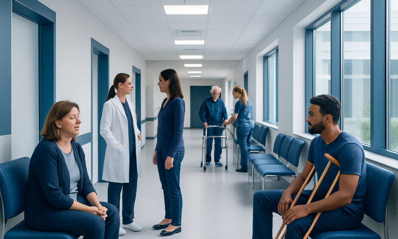 Patients and medical staff in a hospital corridor with large windows.