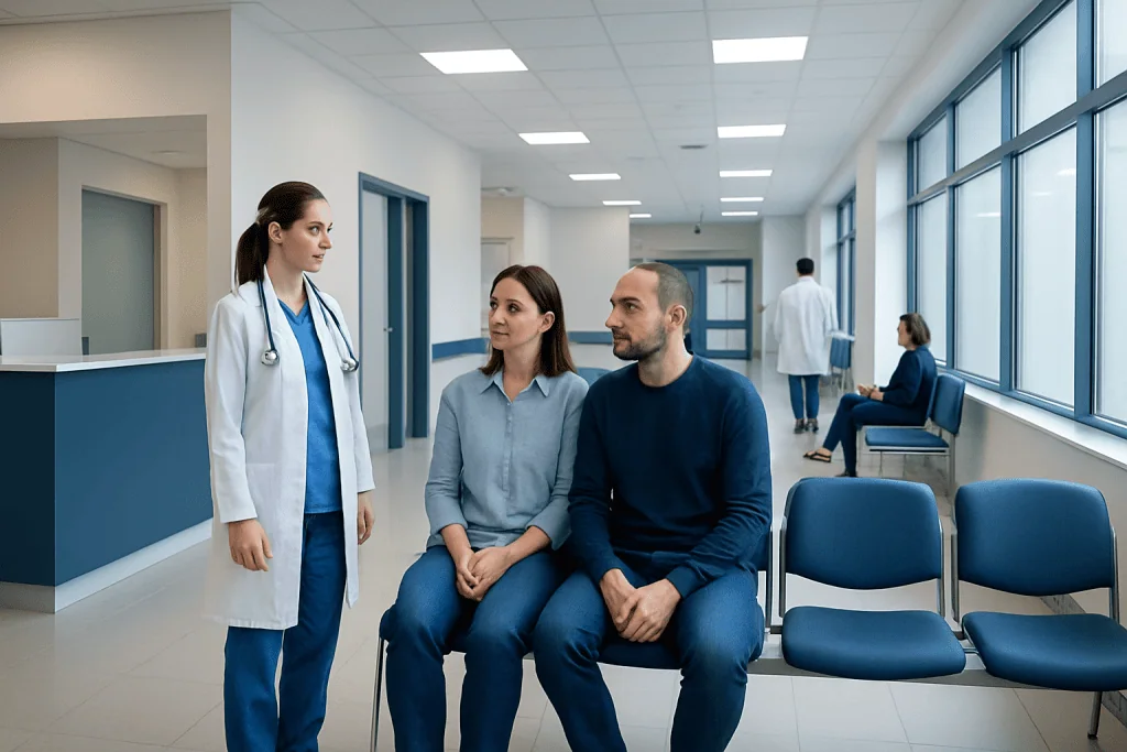 Tubal Ligation Reversal: What Patients Need to Know 1 Patients consulting with a doctor in a modern hospital corridor.