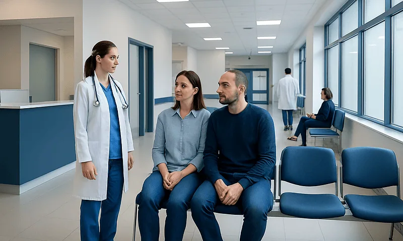 Patients consulting with a doctor in a modern hospital corridor.
