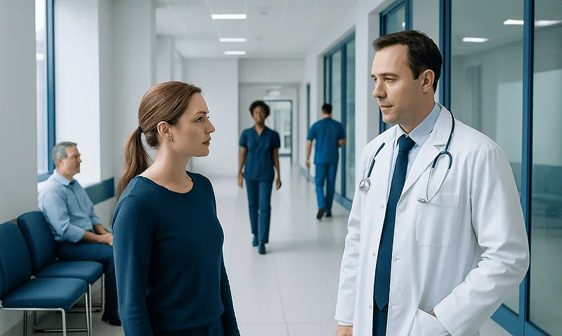 Doctor consulting a patient in hospital corridor with staff in background.