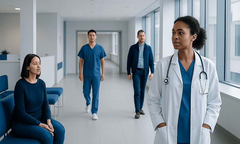 Medical team in hospital corridor with a patient and healthcare professionals.