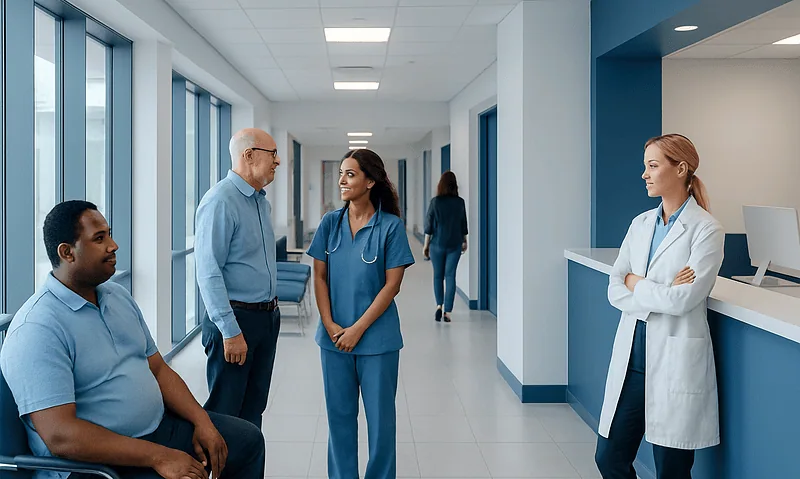 Hospital staff and patients in a modern medical facility corridor.