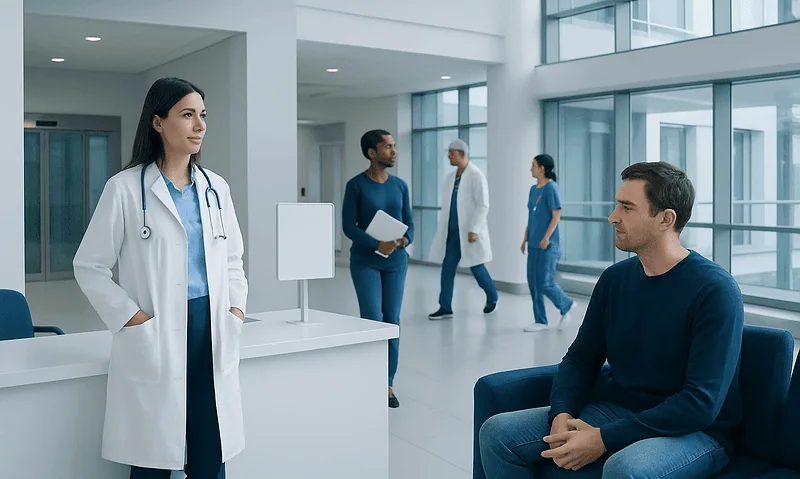 Medical consultation in a modern hospital with doctors and patient.