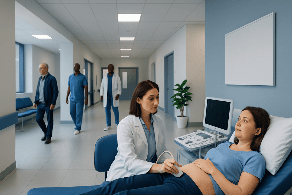 Signs of Endometrial Cancer on Ultrasound: Preparation, Procedure and Results 1 Doctor examining patient in hospital corridor with medical staff in background.