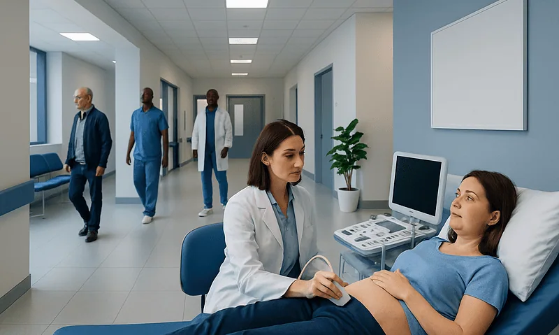 Doctor examining patient in hospital corridor with medical staff in background.