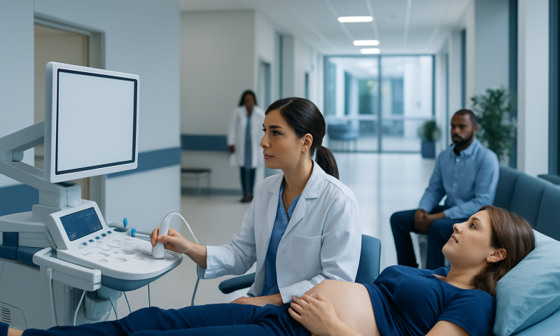 Ultrasound examination in a hospital setting with a pregnant woman and medical staff.