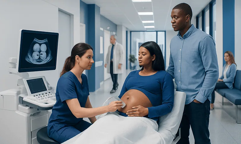 Ultrasound Conjoined Twins: Preparation, Procedure and Results 5 Pregnant woman with medical staff during ultrasound at Acibadem Hospital.