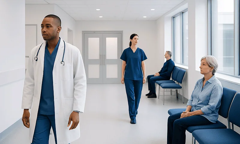 Medical professionals and patients in a modern hospital corridor.