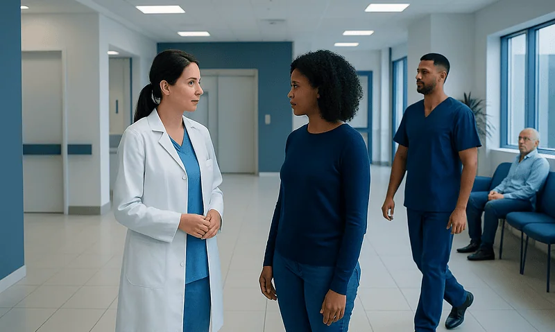 Medical professionals discussing patient care in hospital corridor.