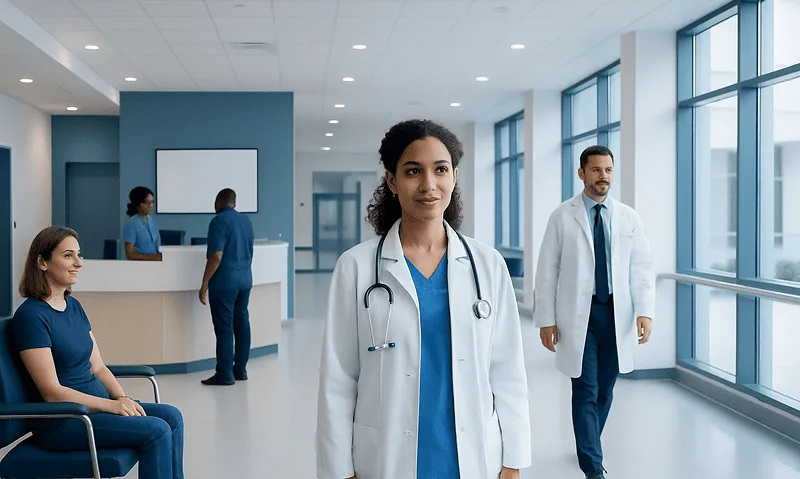 Medical team in hospital corridor with large windows and modern design.