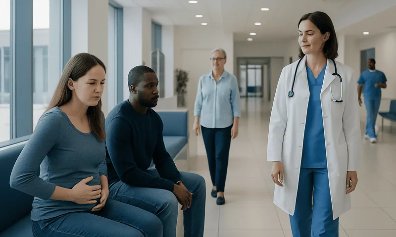 Doctor consulting patients in hospital corridor with waiting area.