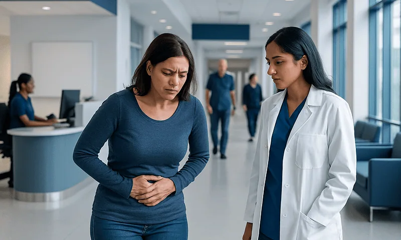 Woman experiencing abdominal pain consulting with a doctor in hospital.