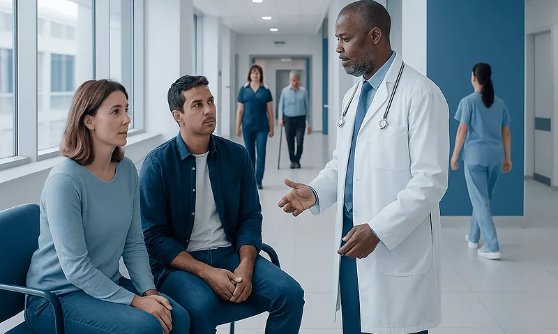Doctor consulting patients in hospital corridor for UTI prevention awareness.