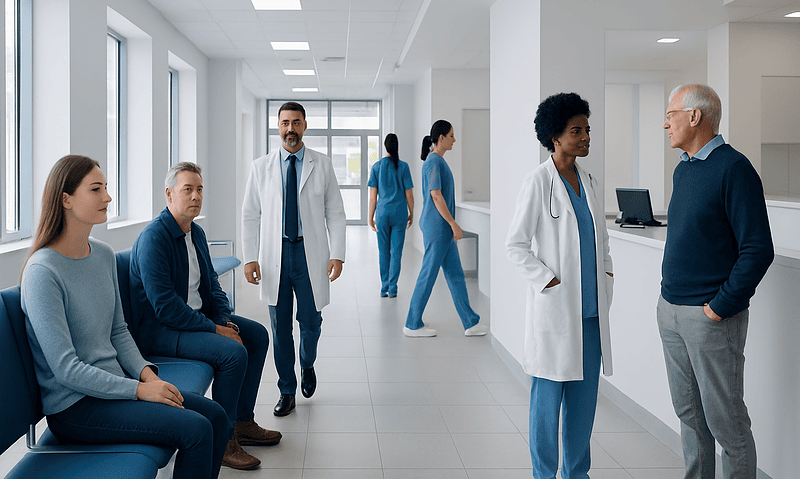 Medical consultation in a modern hospital corridor with healthcare professionals and patients.