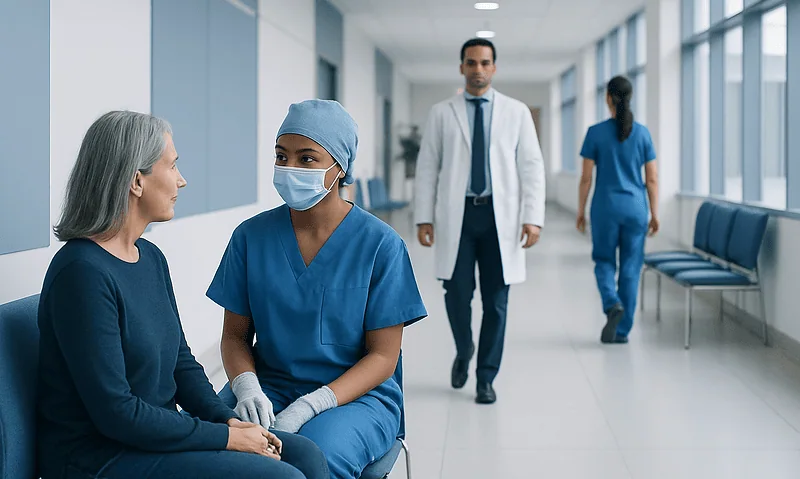 Doctor consulting with a patient in a hospital corridor.