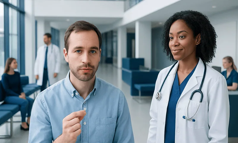 Patient consulting with doctor in hospital corridor.