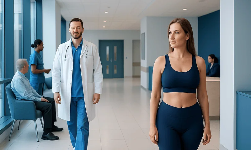 Patient in a hospital corridor with medical staff and visitors.