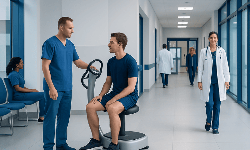 Physical therapy session with a patient on a vibration plate in a hospital corridor.