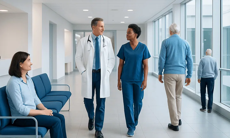 Medical team consulting in a modern hospital corridor with patients.