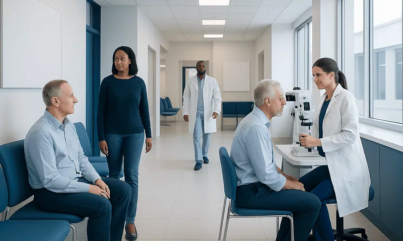 Ophthalmology consultation in a modern hospital setting with doctors and patients.