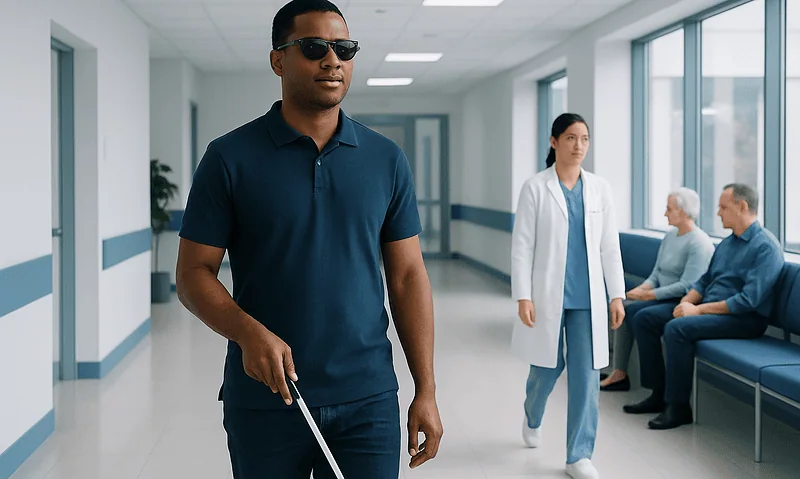 Blind man with white cane walking in hospital corridor.