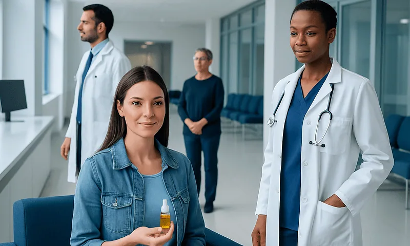 Patient with vitamin C supplement in hospital setting with medical staff.