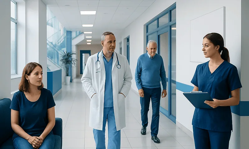 Medical team discussing patient care in hospital corridor.
