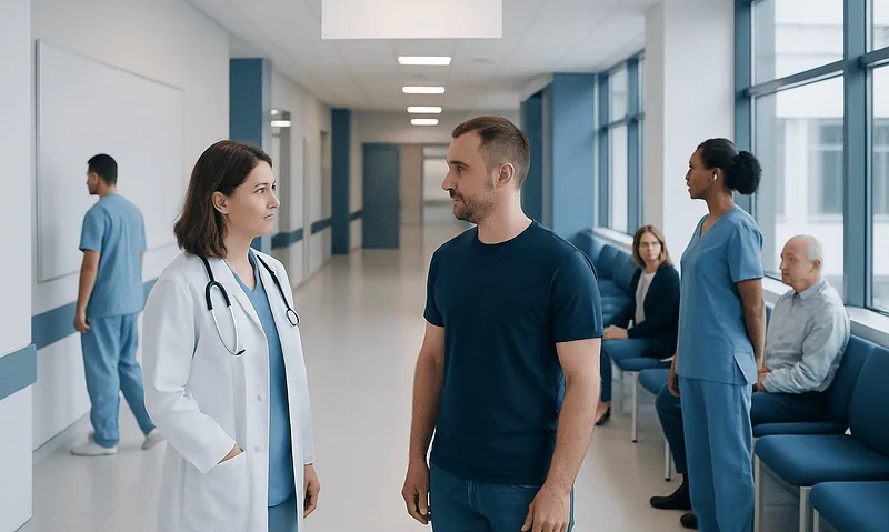 Doctor and patient talking in hospital corridor with medical staff in background.