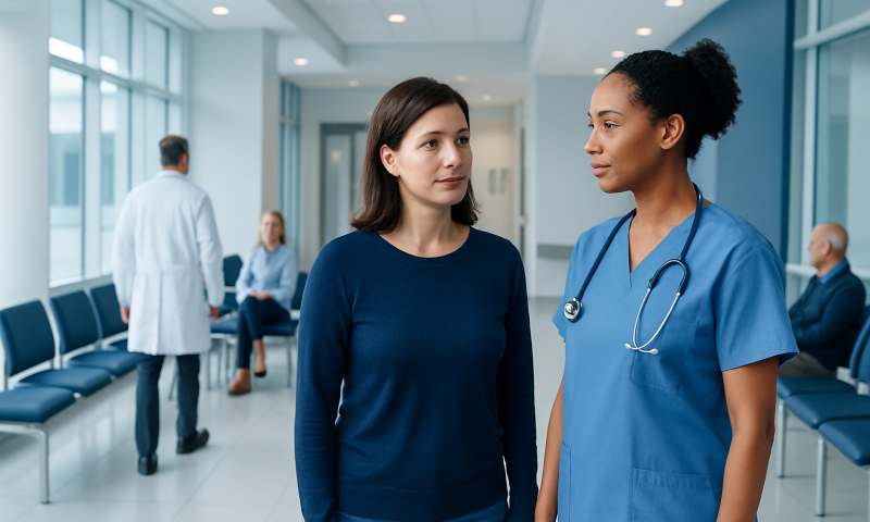 Patient consulting with nurse in hospital corridor.