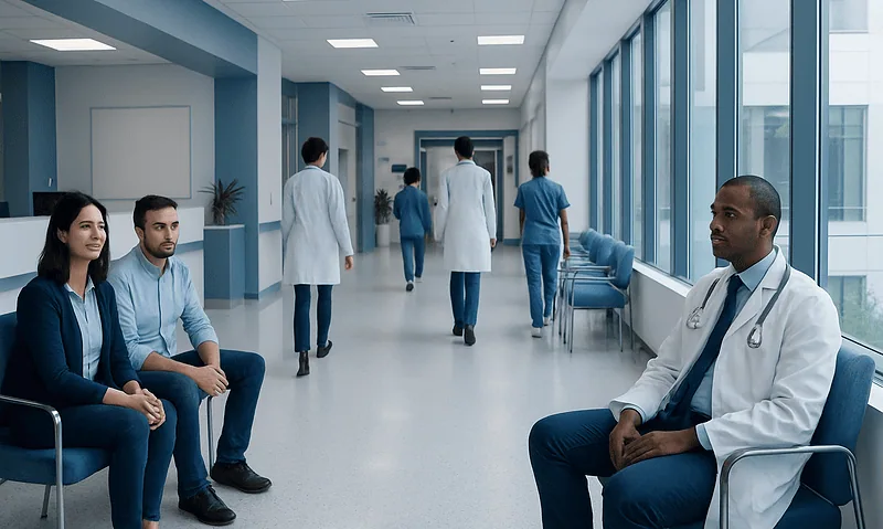 Medical professionals and patients in a modern hospital corridor.