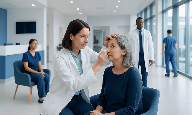 Ophthalmologist examining an elderly woman's eye in a hospital setting.