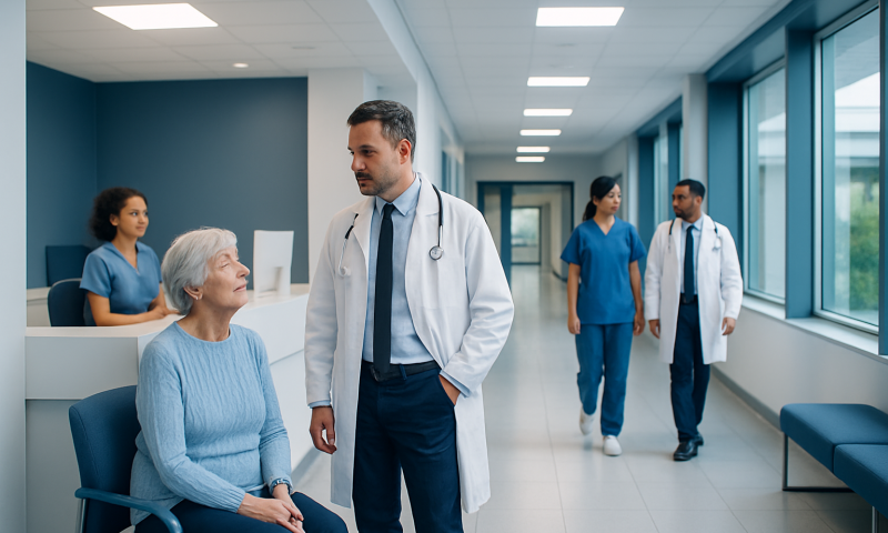 Wet AMD Treatment: How It Works, Results and What to Expect 18 Doctor consulting elderly patient in hospital corridor with medical staff in background.