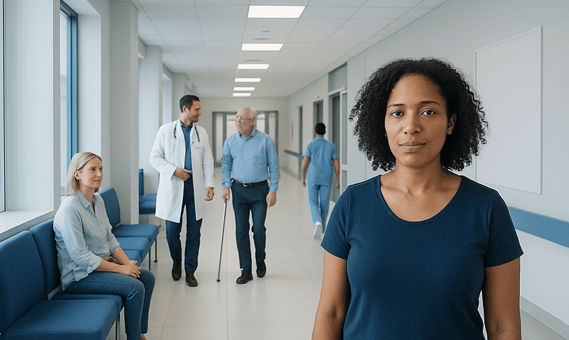 Diverse group of patients and doctors in hospital corridor.