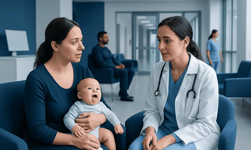 Pediatric consultation at Acibadem Hospital with mother, baby, and doctor.